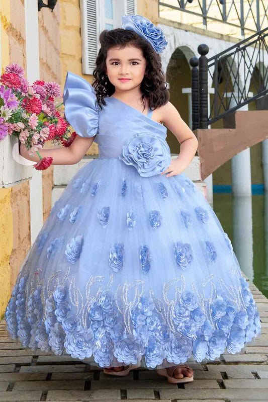 designer blue net gown with floral embellishment for girls lagorii kids